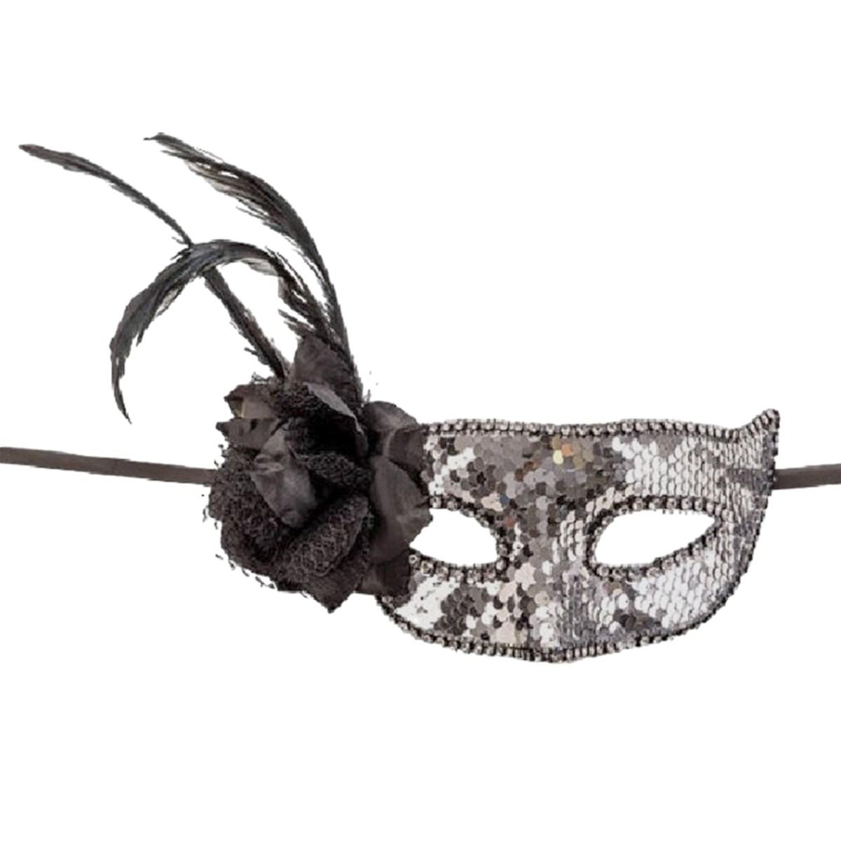 Maschera viso pvc paillettes argento fiore piume