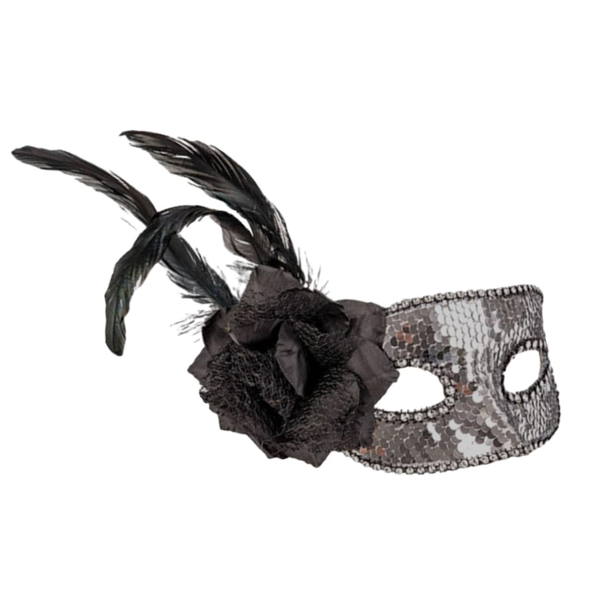 Maschera viso pvc paillettes argento fiore piume
