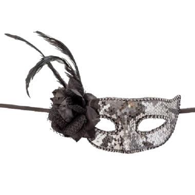Maschera viso pvc paillettes argento fiore piume