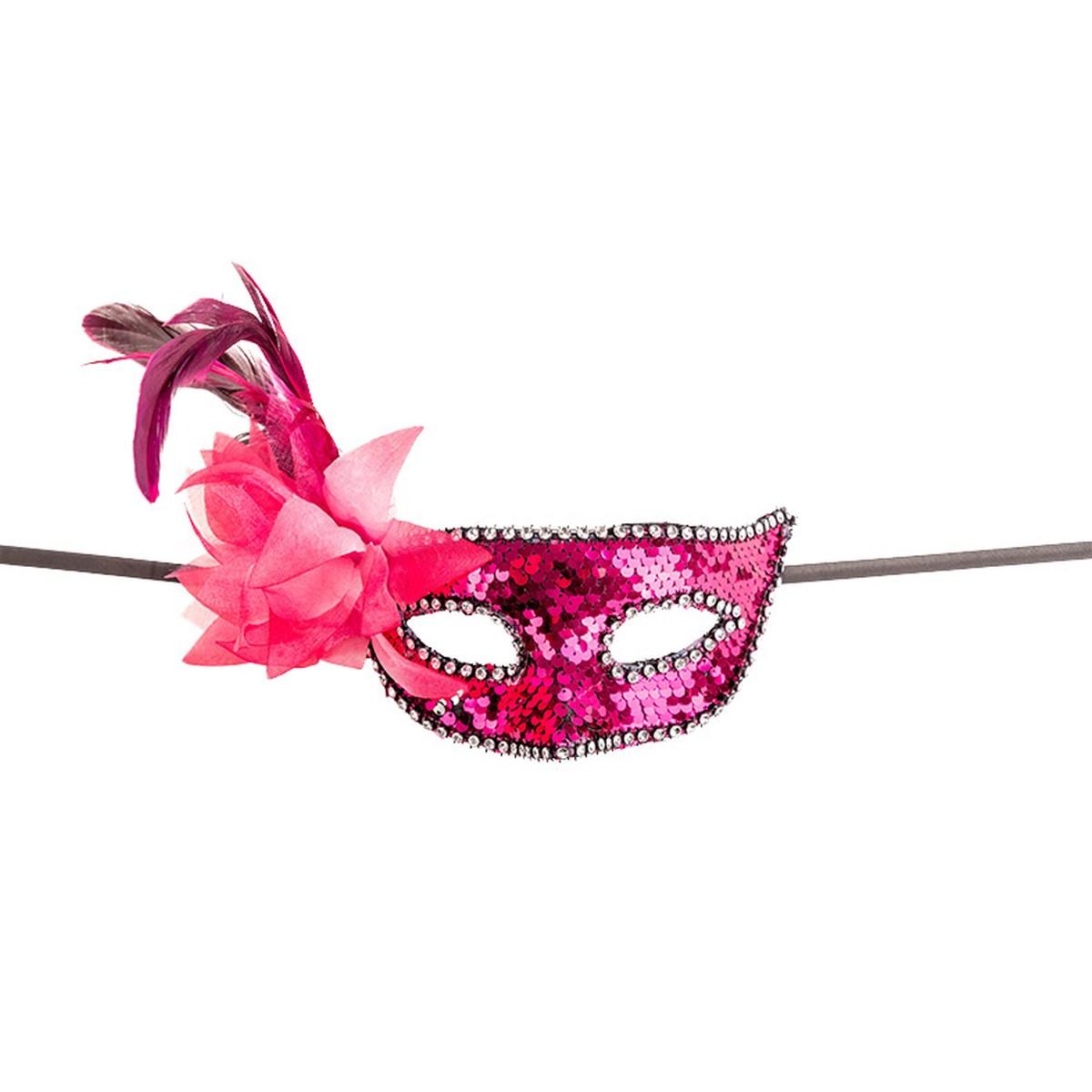 Maschera viso pvc paillettes fucsia fiore piume