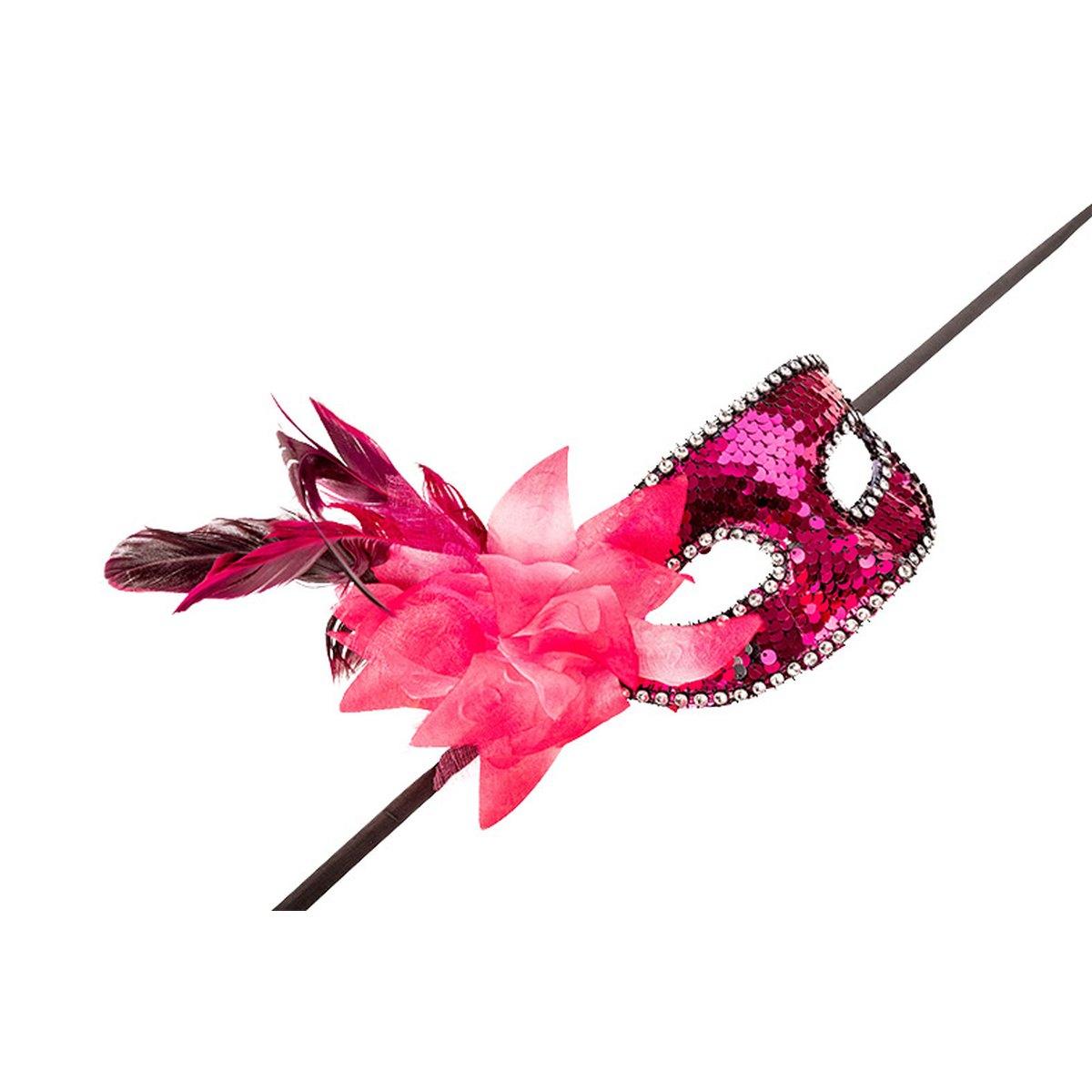 Maschera viso pvc paillettes fucsia fiore piume