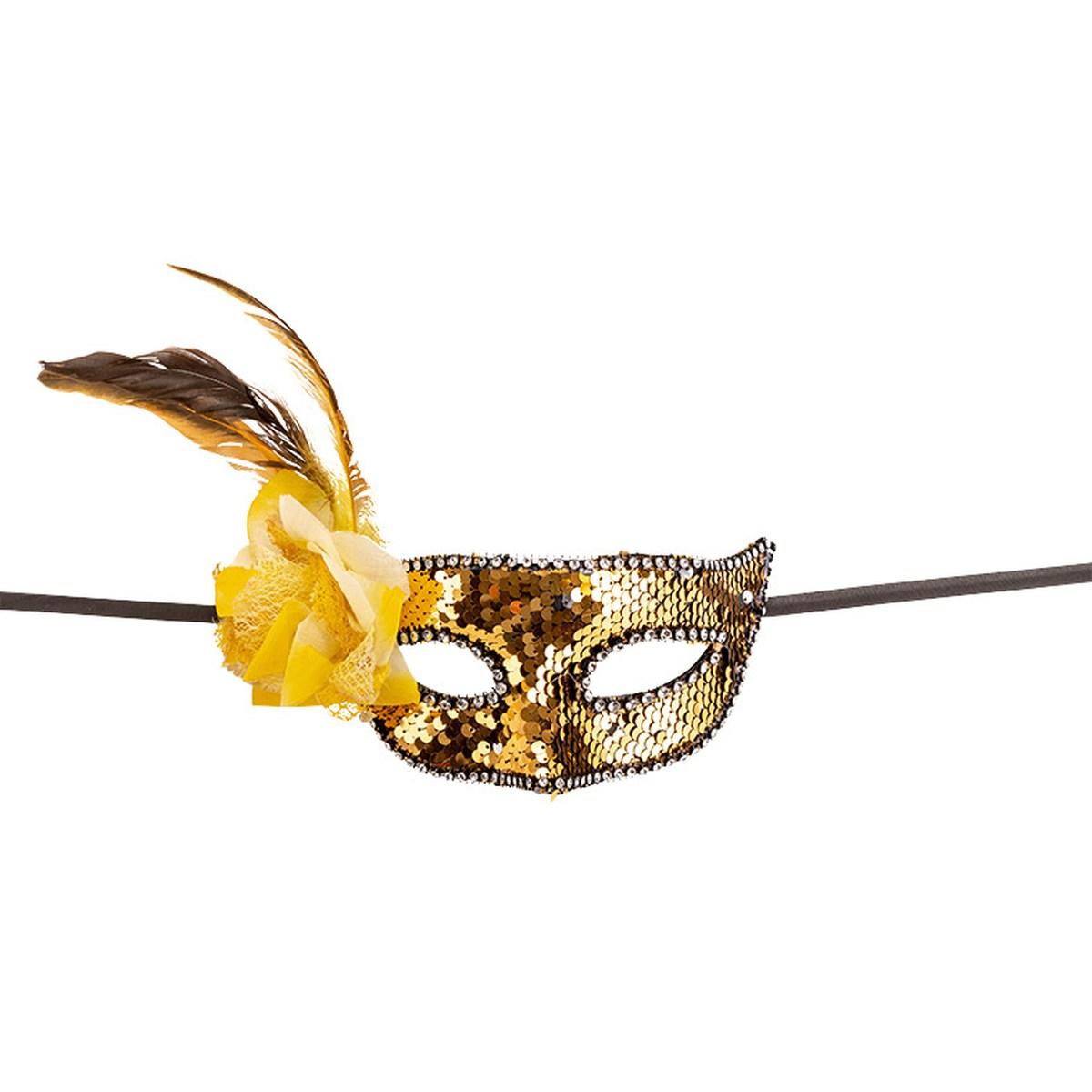 Maschera viso pvc paillettes oro fiore piume