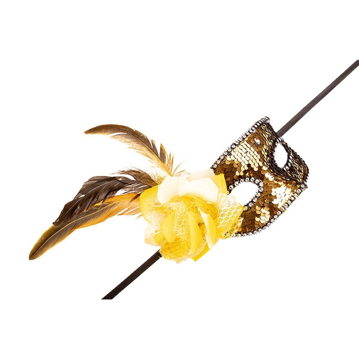 Maschera viso pvc paillettes oro fiore piume