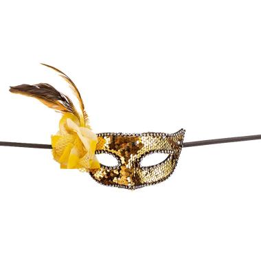 Maschera viso pvc paillettes oro fiore piume