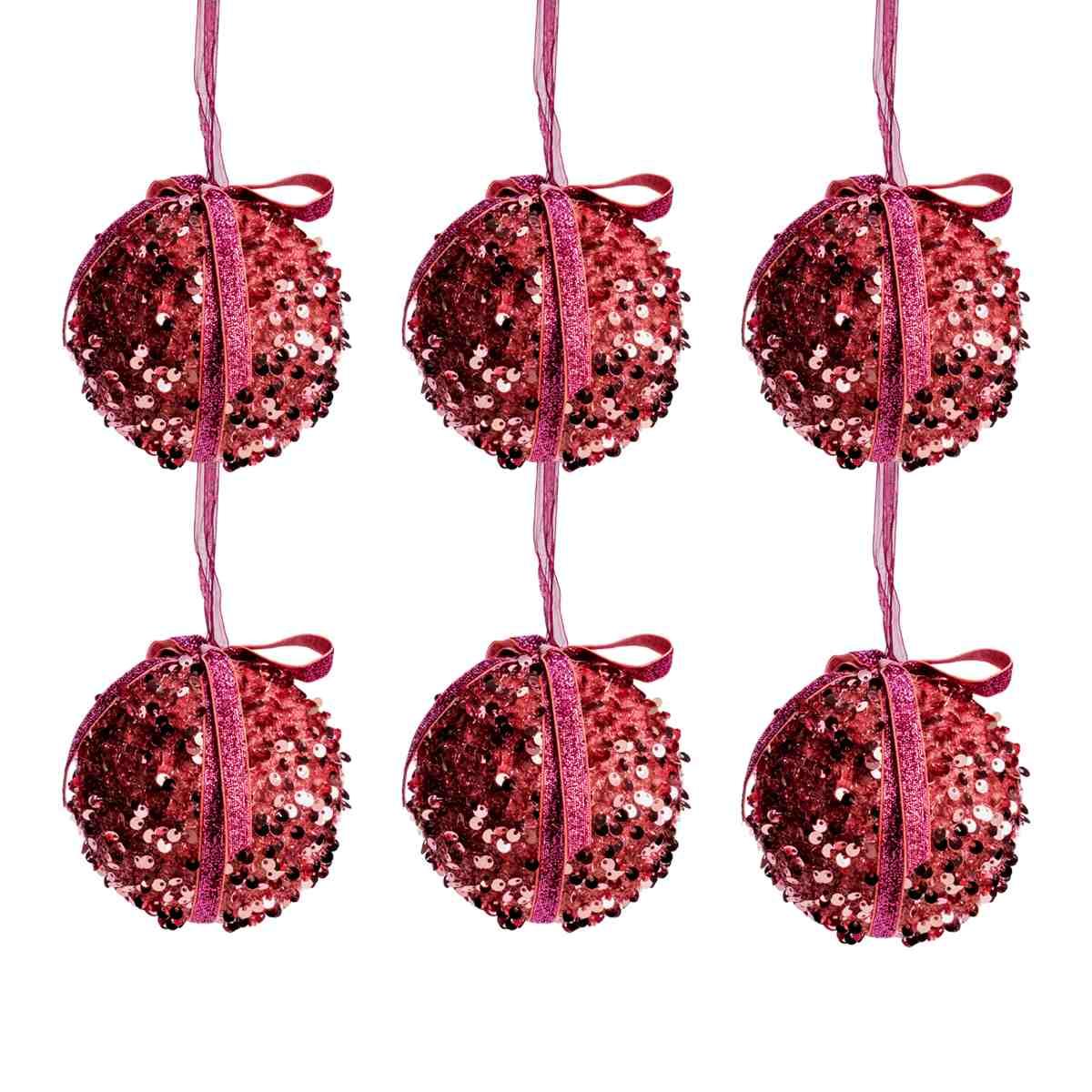 Pallina natalizia rosa fiocco paillettes Set 6 pz