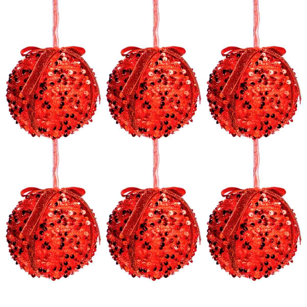 Pallina natalizia rosse fiocco paillettes Set 6 pz