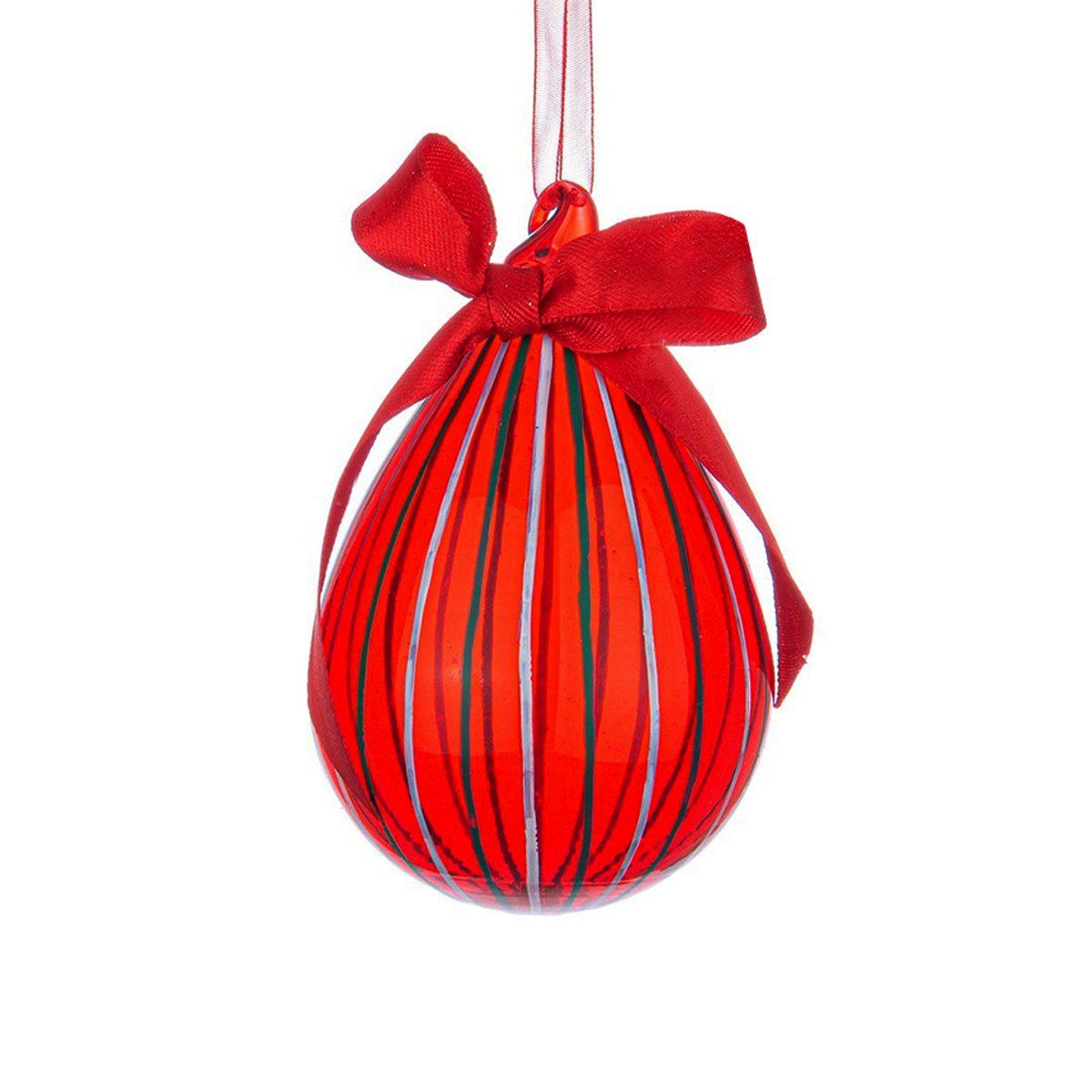 Pallina natalizia vetro goccia rossa righe bianche verdi 10 cm