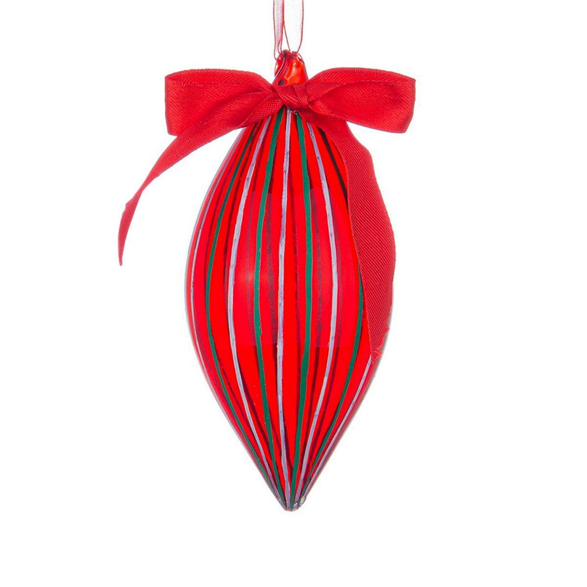 Pallina natalizia vetro goccia rossa righe bianche verdi 13 cm
