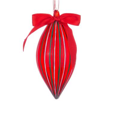 Pallina natalizia vetro goccia rossa righe bianche verdi 13 cm