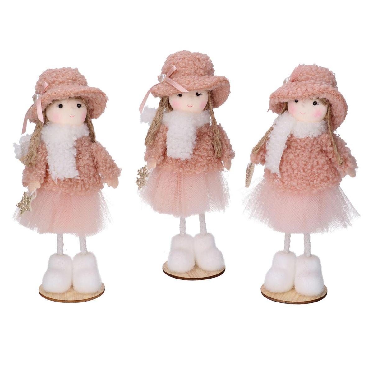 Pupazzo natalizio bambina abito in tessuto rosa cappello 16 cm