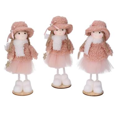 Pupazzo natalizio bambina abito in tessuto rosa cappello 16 cm