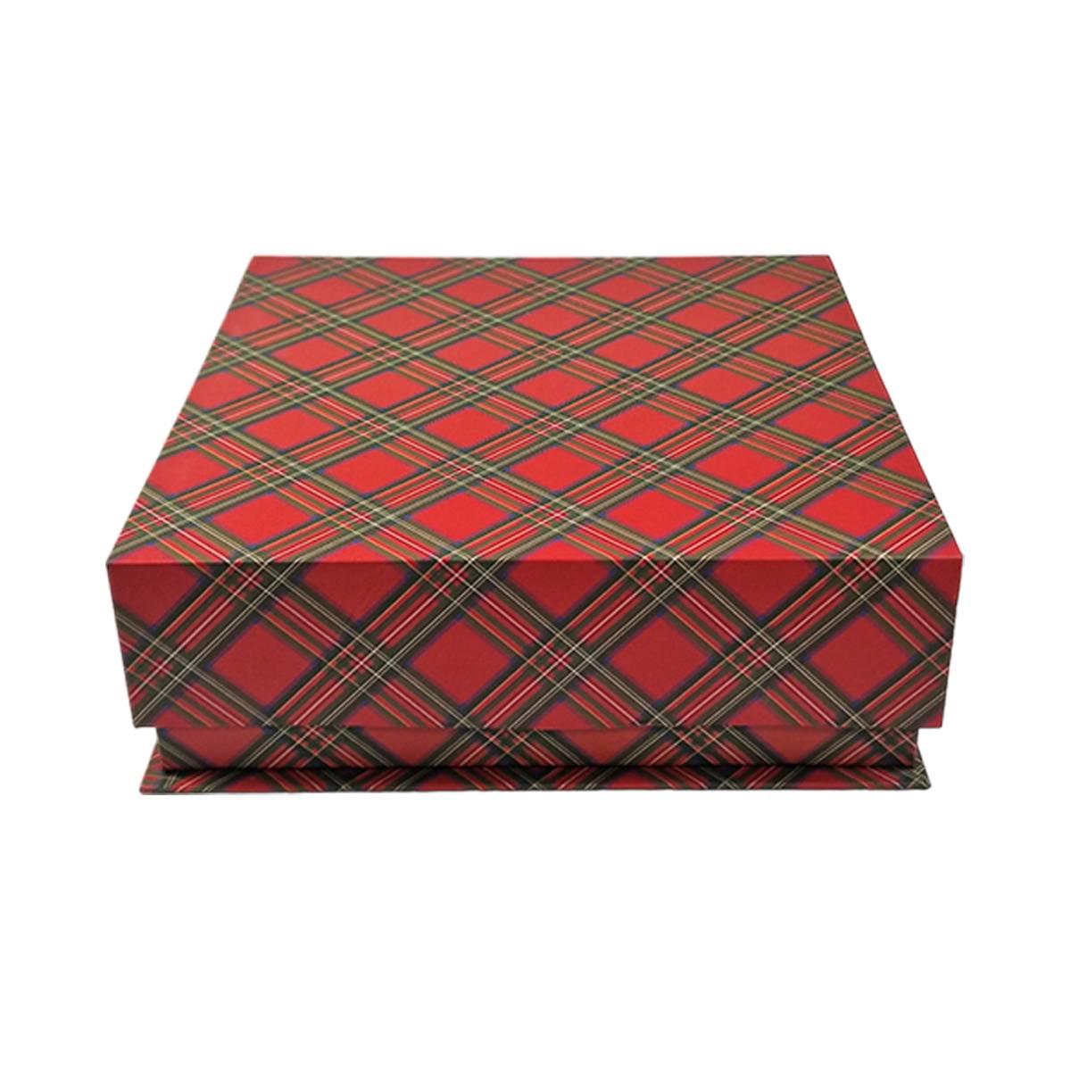 Scatola regalo natalizia cartone tartan rossa 25 x 25 x 8 cm