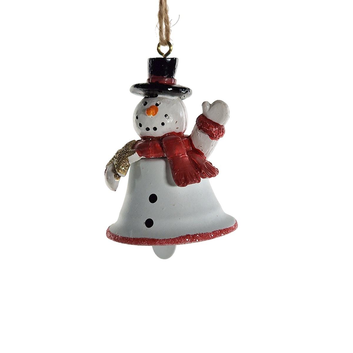 Decorazione natalizia campanella metallo bianca pupazzo di neve 4,5 x 5,5 cm