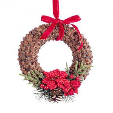 Fuori porta natalizio legno pigne bacche 24 x 27 cm
