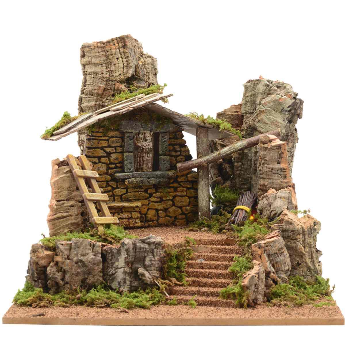 Capanna presepe legno scalinata roccie