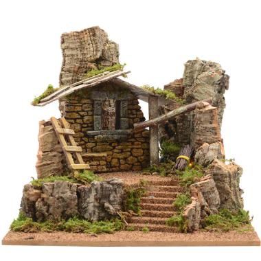 Capanna presepe legno scalinata roccie