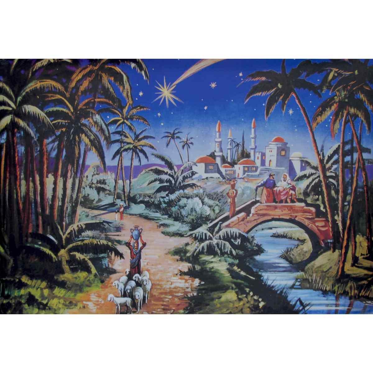 Fondale presepe paesaggio arabo palme ponte