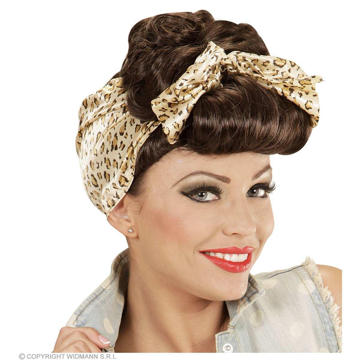 Parrucca castana anni 50 foulard animalier