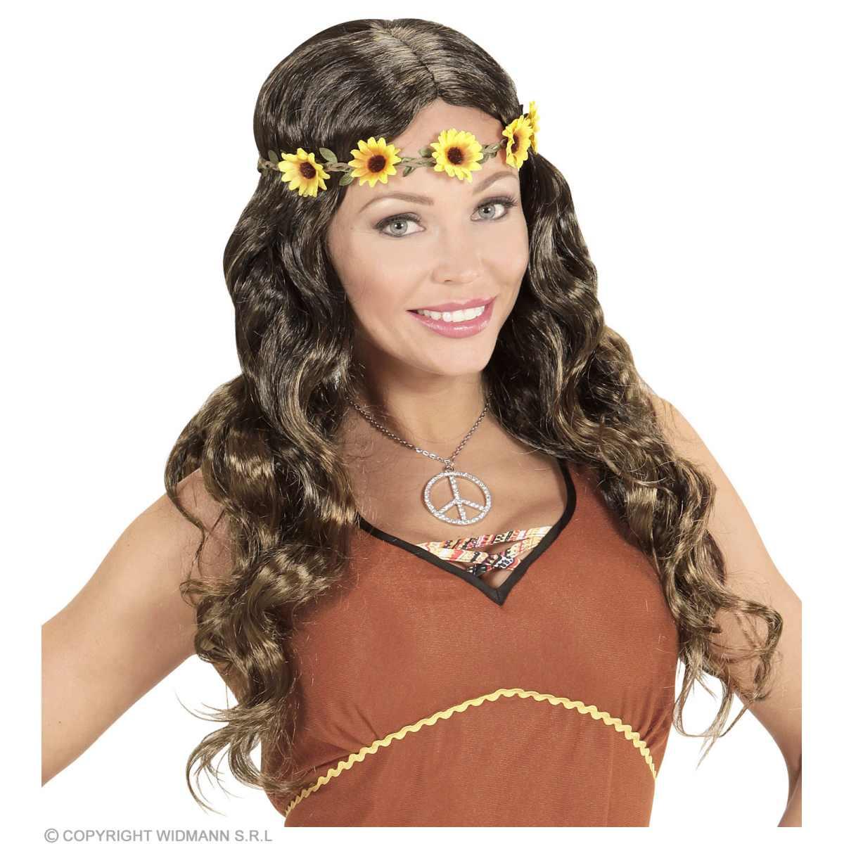 Parrucca castana hippie mossa fascia girasoli