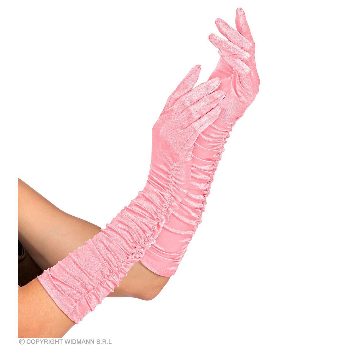 Guanti raso lunghi rosa plistati