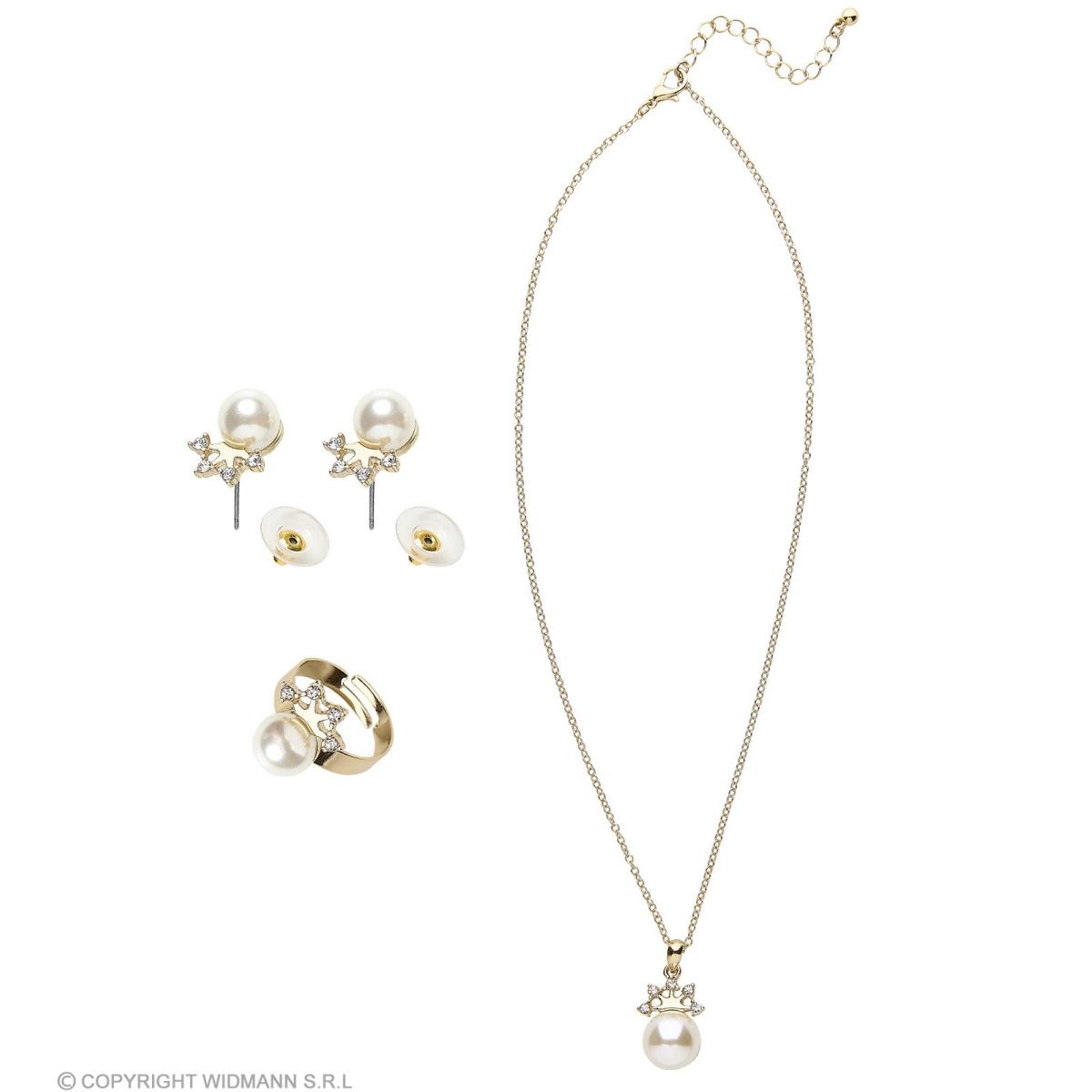 Collana perle bianche strass anello ed orecchini