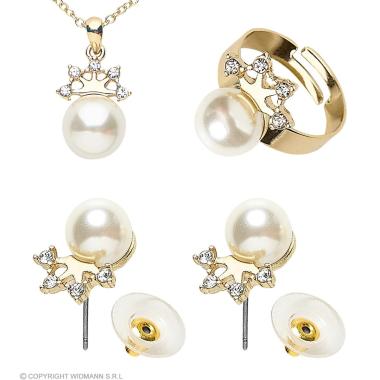 Collana perle bianche strass anello ed orecchini