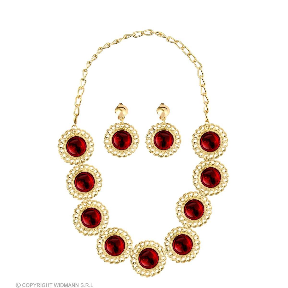 Collana metallo oro pietra rossa orecchini