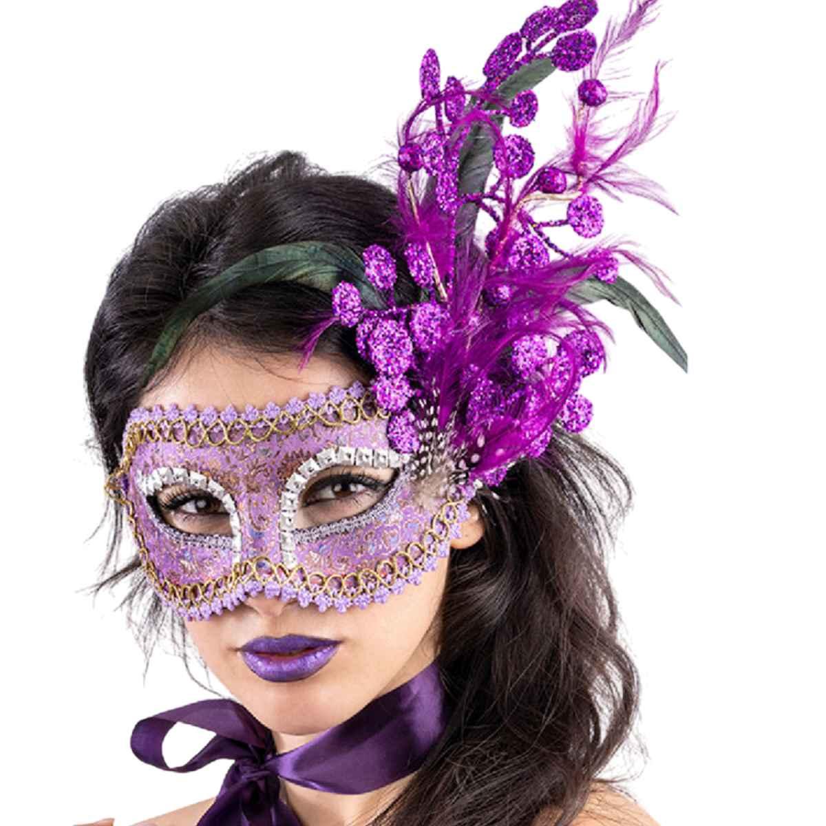 Maschera viso tessuto damascato viola glitter