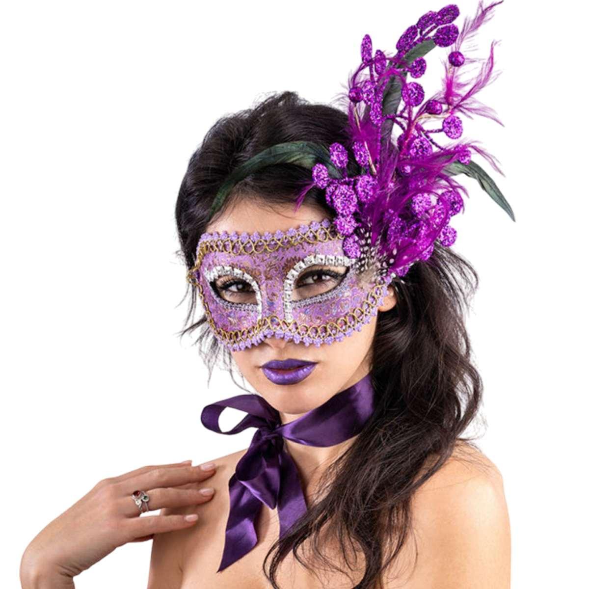 Maschera viso tessuto damascato viola glitter