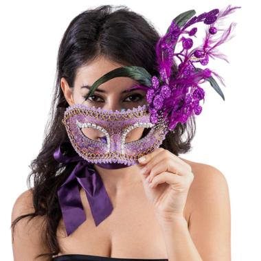 Maschera viso tessuto damascato viola glitter