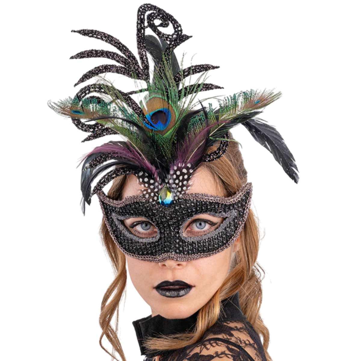 Maschera viso strass nera glitter piume