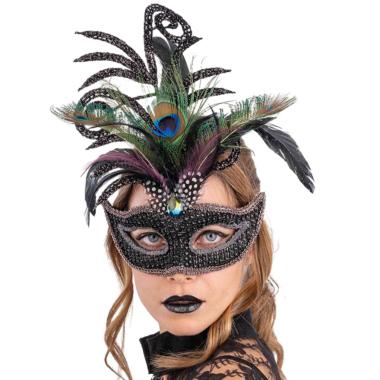 Maschera viso strass nera glitter piume