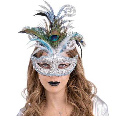 Maschera viso tessuto strass argento glitter piume