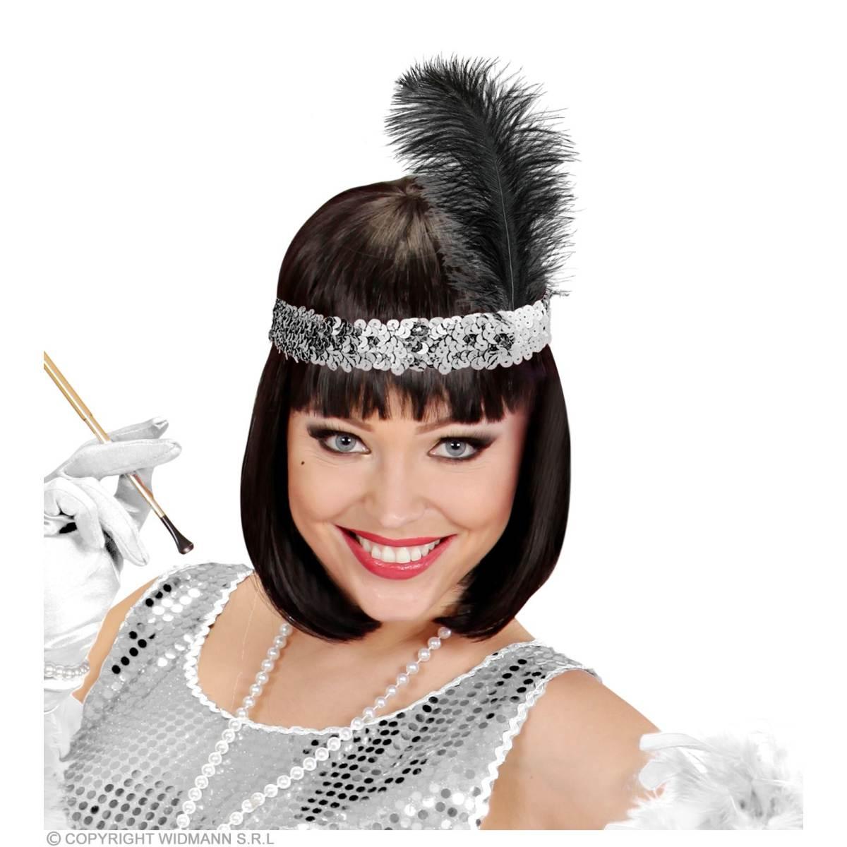 Fascia capelli charleston argento paillettes piuma