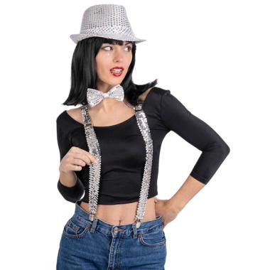 Cappello disco dance argento bretelle papillon Set 3 pz