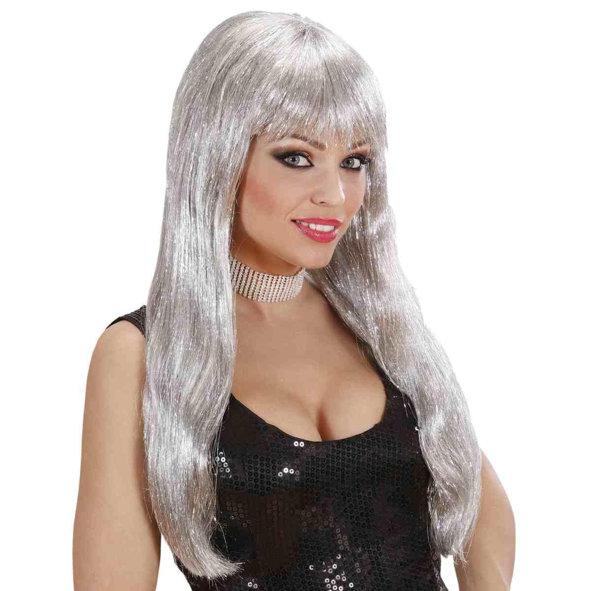 Parrucca glitzy argento laminiata liscia frangia