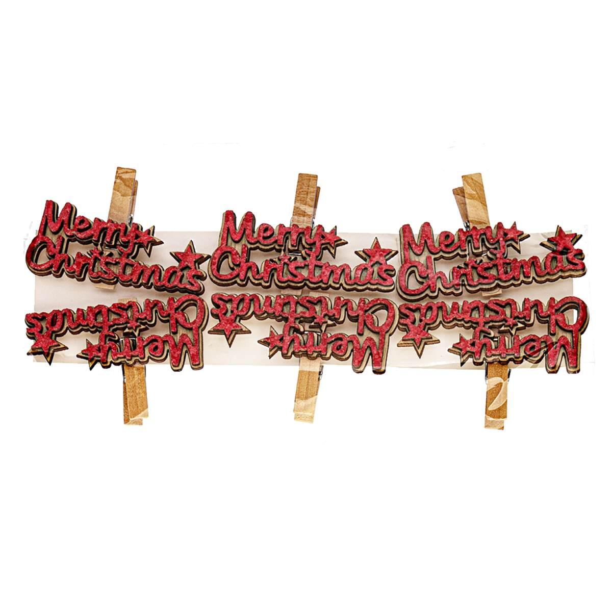 Molletta natalizia legno merry chirstmas Set 6 pz