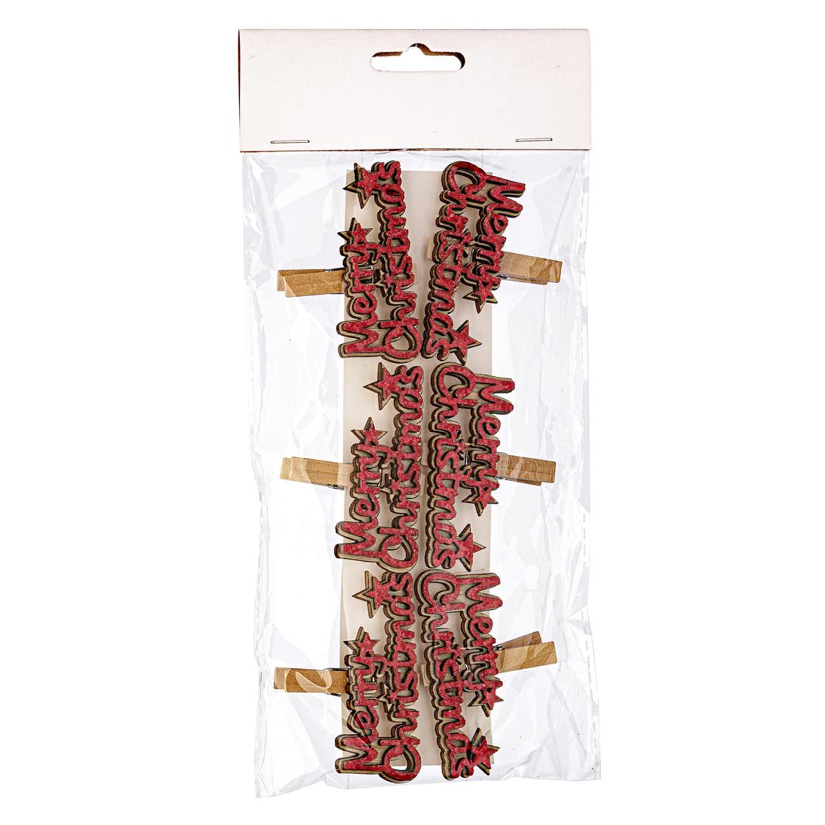 Molletta natalizia legno merry chirstmas Set 6 pz