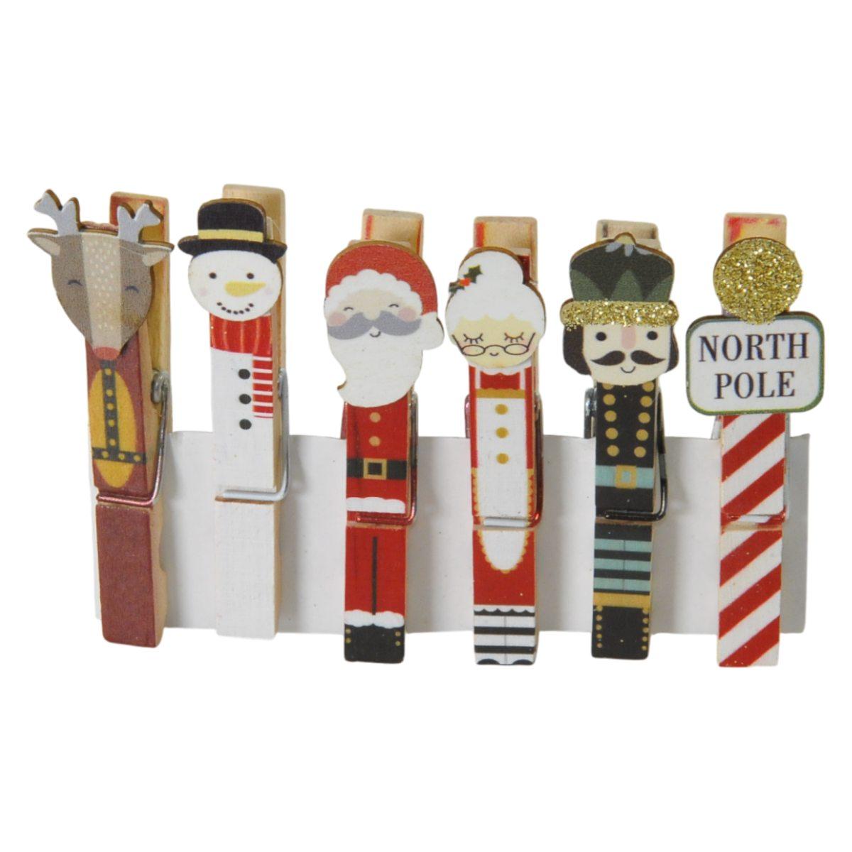 Molletta natalizia legno soggetti assortiti Set 6 pz