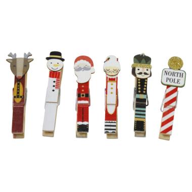 Molletta natalizia legno soggetti assortiti Set 6 pz