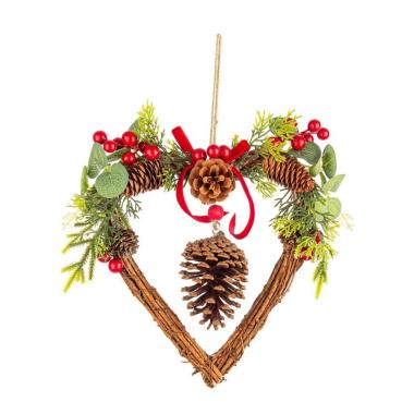 Fuori porta natalizio cuore legno pigne bacche 28 x 30 cm
