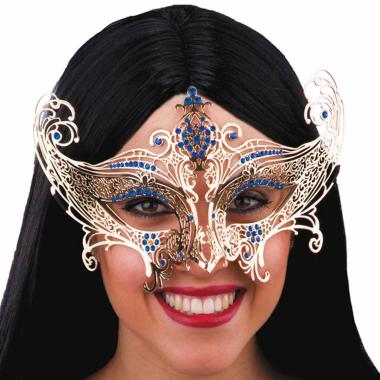 Maschera viso metallo oro strass blu