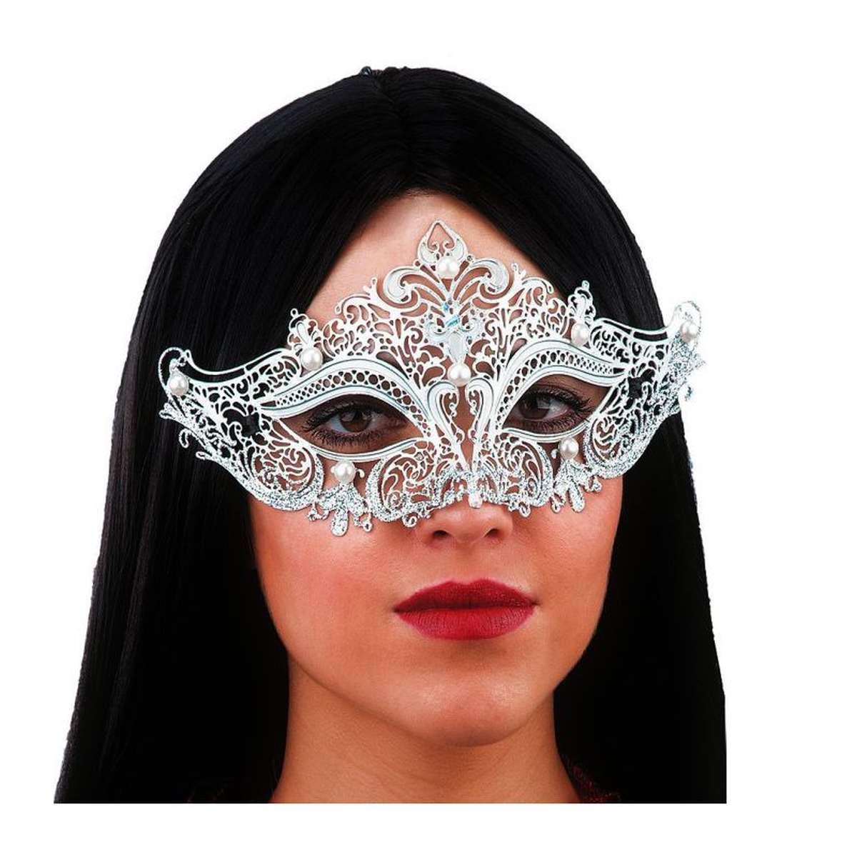 Maschera viso metallo argento perle bianche