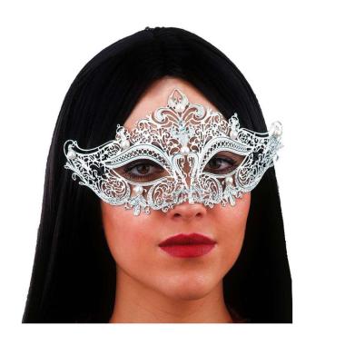 Maschera viso metallo argento perle bianche