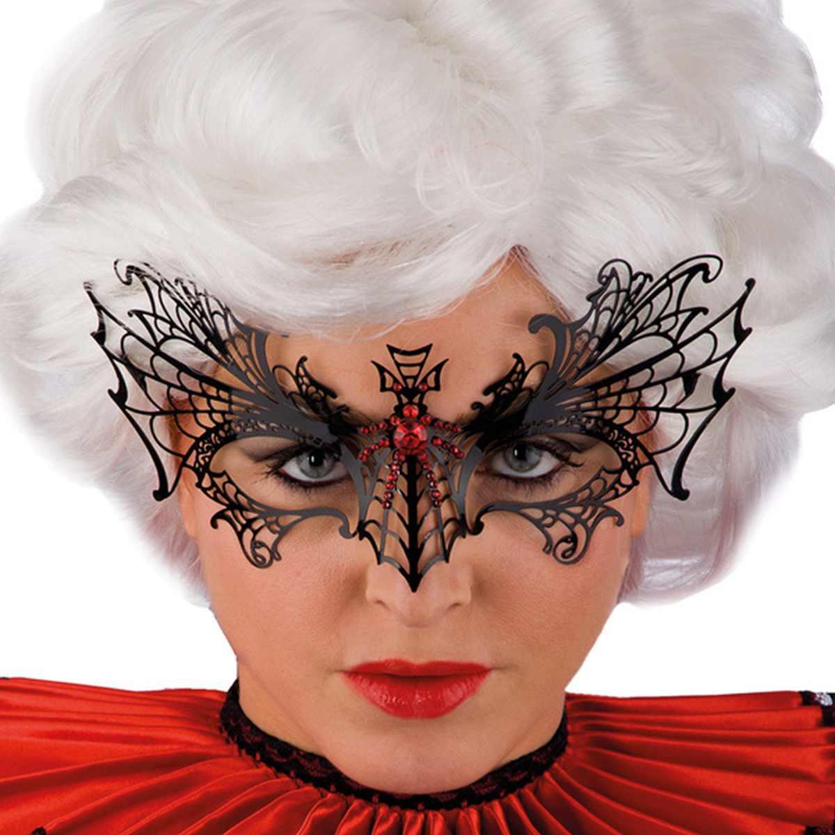 Maschera viso metallo nera ragno strass rossi