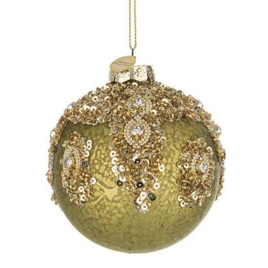 Pallina natalizia vetro verde glitter oro 8 cm