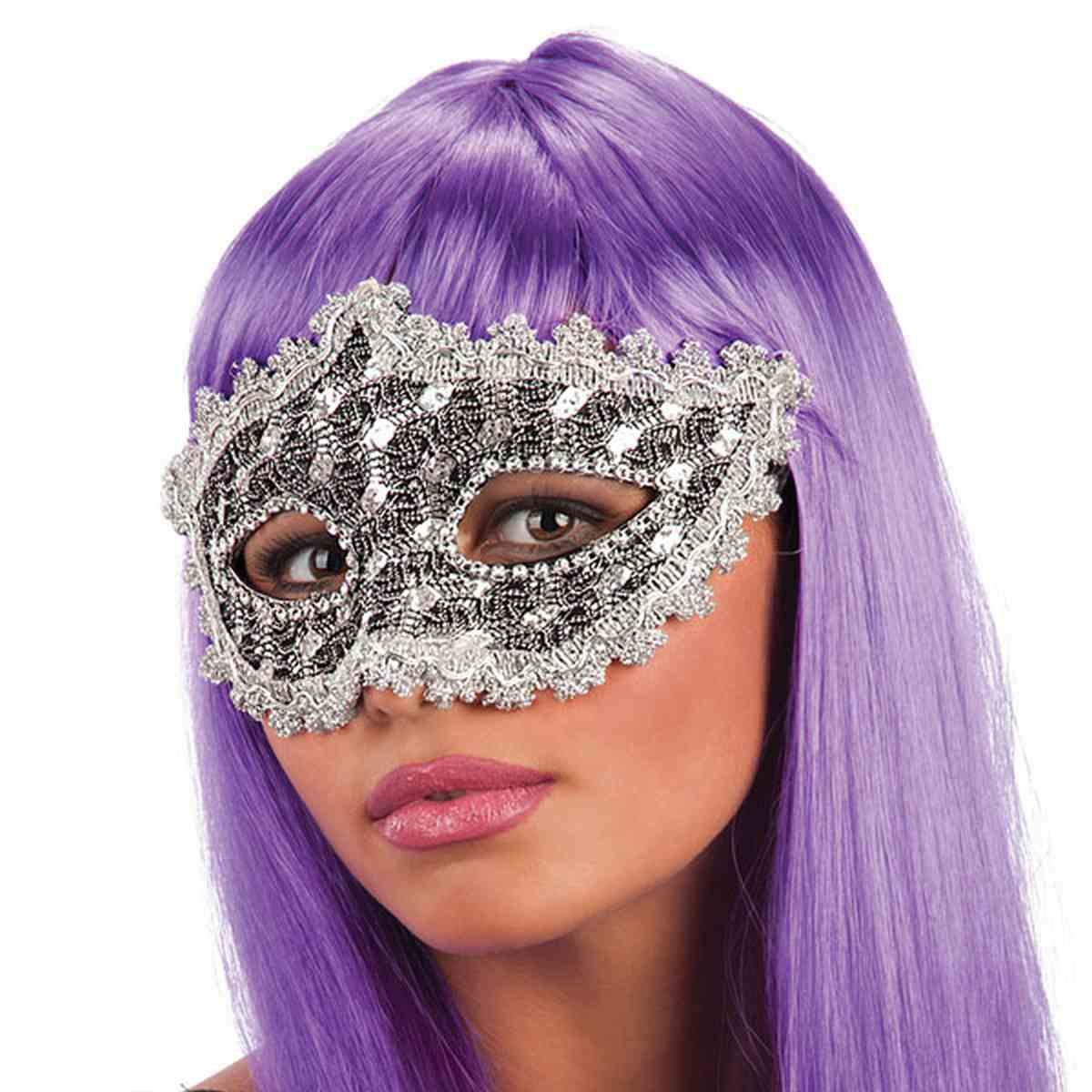 Maschera viso pvc argento pizzo strass