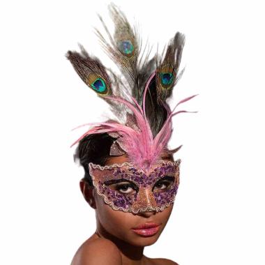 Maschera viso rosa piume paillettes