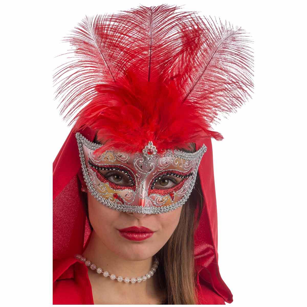 Maschera viso oro pioume rosse
