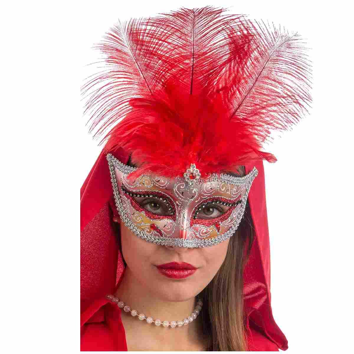 Maschera viso oro pioume rosse